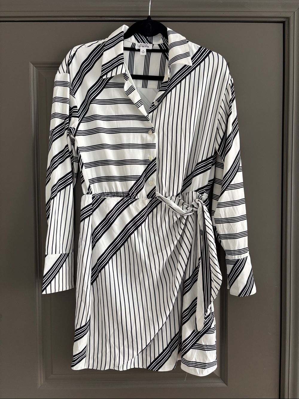 Long Sleeve Black & White Striped Wrap Dress